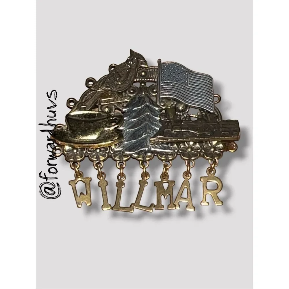 Willmar Travel Souvenir Pin with Decorative Filigree and Dangles
